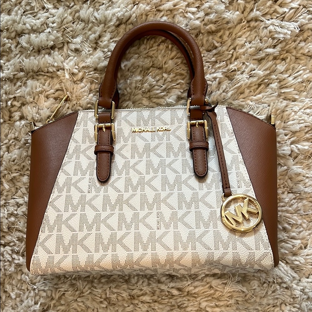 Michael Kors Brown and Cream Satchel with Gold-Tone Accents